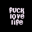 Four display the text 'PUCK love life' in white pixelated font on black background, each with a horizontal pink bar covering different portions of the text