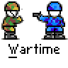 Pixel art contact sheet of four animated frames showing two soldiers in combat poses with a yellow bullet and red explosion effect, each labeled "Wartime" below.