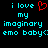Pixelated cyan text on black background reads "i love my imaginary emo baby" with red heart symbol replacing "love" in left