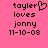 Pixelated text on pink background with 'tayler' followed by heart symbol, 'loves', 'jonny', and '11-10-08' in black font.