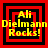 Four identical pixelated squares display yellow text "Ali Dielmann Rocks!" over red and black concentric borders, arranged in a with no visible animation changes