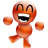 Two orange cartoon figures with rounded heads and bodies, wide grinning mouths, and raised arms in a cheerful pose against a gray background.