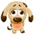 Pixelated cartoon dog with light brown body, dark brown ears and nose, orange collar, standing in four distinct facial expressions.