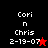 Four pixelated display text 'Cori n Chris 2-19-07' with star symbols; top-left and bottom-left have red backgrounds, top-right and bottom-right have dark red backgrounds