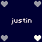 Dark blue background with repeated white and gray heart icons and the text 'justin' in white pixelated font.