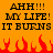 Pixelated orange background with black text reading 'AHH!!! MY LIFE! IT BURNS' repeated twice and red pixel flames at the bottom.