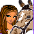 Pixel art contact sheet showing four frames of an animated buddy icon featuring a girl with horses and text reading "I LOVE HORSES".
