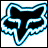 Black fox head silhouette with blue and white pixelated outline on white background, showing animation