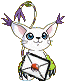White cat-like creature with blue eyes holds white envelope, purple feathered hoop above head; left side shows raised arms, right side shows lowered arms.