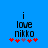 Blue background with black text 'i love nikko' and five red/purple star-like symbols below, showing animation where the leftmost symbol changes from red to purple.