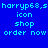 Pixelated blue background with cyan text reading 'harryp63,s icon shop order now' in four repeated sections, one section with red glow effect.