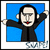 Pixelated character with outstretched arms against blue background, red lips, black clothing; adjacent show text and symbols on colored backgrounds