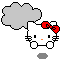 Pixelated white cat with red bow, black whiskers, and orange nose, positioned beneath gray cloud shape on gray background.