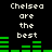 Pixelated text 'Chelsea are the best' repeated with green audio waveforms on black background, animated green bars shift horizontally across the image.