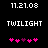Black background displays white text '11.21.08' and 'TWILIGHT' above pink and purple heart icons with one purple heart changing position.