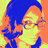 A four- shows a person with short dark hair and glasses in a stylized color scheme of blue, orange, and yellow, with the bottom-right blank