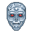 Pixelated robot head with blue-gray metallic texture, red glowing eyes, and white teeth against gray background.