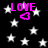 Black background with scattered white stars and four instances of pink 'LOVE' text paired with a pixelated heart symbol.