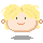 Four pixel-art character faces with blonde hair, green eyes, and orange smiles on a gray background, one with a red heart symbol.