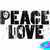 Black text reading PEACE and LOVE on white background with cyan, yellow, and green pixelated shapes below.