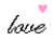 Four 50x50 pixel animated frames arranged in a contact sheet showing the word 'love' with alternating pink and gray hearts above it.