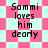 Pixelated text 'Sammi loves him dearly' on a light cyan background with pink diamond shapes, transitioning from to scattered arrangement