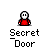 Animated contact sheet of a pixel art character in red shirt and white face performing sequential actions with doors, labeled "Secret Door" under each frame.