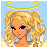 Pixel art contact sheet of a 3x3 grid showing animated frames and text variants for an angel-themed buddy icon with blonde pigtails, yellow halo, white gown, and blue 'Daddys Lil Angel' text.