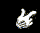 Pixelated white hand making peace sign with two fingers extended, visible motion blur on right side, black background, small blue pixel detail at base of hand.