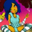 Pixelated character with blue hair and yellow skin wears light blue sleeveless top, seated against pink-to-purple gradient background.