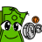 Static pixel art icon featuring a green cartoon character with large eyes and a smile, holding a gray mechanical object with an orange circular component against a white background.
