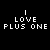 Black background with white pixelated text 'I LOVE PLUS ONE' on left, five men in black clothing standing side-by-side on right.