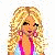 Pixelated image of a blonde woman with long hair winking, wearing pink earrings and a colorful top against white background; bright cyan text "Amanda" on solid magenta right side.
