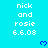 Pixelated cyan background with repeated white text 'nick and rosie 6.6.08' and blue heart symbols in a
