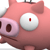 Pixelated pink pig with large white eye containing red pupil, pink snout with dark nostrils, and visible ears against white background