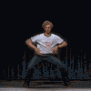 A sequence of animated frames showing a person in a white t-shirt and blue jeans performing various poses against a dark background with vertical light streaks.