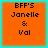 Four identical orange squares with cyan borders display black pixelated text reading "BFF'S Janelle & Val" in a