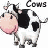 Animated contact sheet of six cow frames with text overlay reading "Cows are friends not food" in pixelated font, each frame showing a black-and-white spotted cartoon cow holding hands.