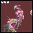 Animated icon of a stylized figure with pink and purple floral patterns on brown background, showing subtle pose changes across frames.