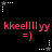 Pixel art displays repeating pink text 'kkeelllllyy =]' with white and gray star-shaped cursor icons on black background.