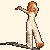 A pixelated figure with orange hair in a white dress performs sequential dance poses against a light background.