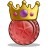 Pixelated icon of a golden crown atop a red spherical object with a purple gem and two pink gems on the crown.