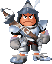 Pixelated character in silver armor with blue helmet and white plume, holding sword over shoulder, standing against gray background.