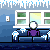 Pixel art animation of a character on a couch with icicles, showing text bubbles and body movements.