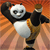 Pixelated panda in martial arts pose with raised arm and leg, white face and belly, black limbs, orange background with radiating lines.