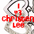 Pixelated red text 'christen lee' with a heart symbol and vertical bar above, set against a grayscale abstract background of curved lines.