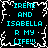 Pixelated cyan text on black background with white crackle border, repeated four times in a