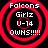 Four identical red circular target icons with white text reading 'Falcons', 'Girlz', 'U-14', and 'OWNS!!!!!' on black background.