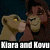 Two animated lion characters kiss under dark background with text below changing from white to orange.