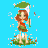 Pixelated character with red hair and green hat stands on grassy patch holding a sword, surrounded by floating bubbles against blue background.